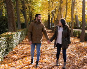 Fototapeta premium Couple holding hands while strolling on a fall day