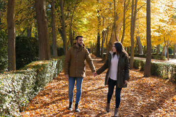 Fototapeta premium Couple holding hands while strolling on a fall day