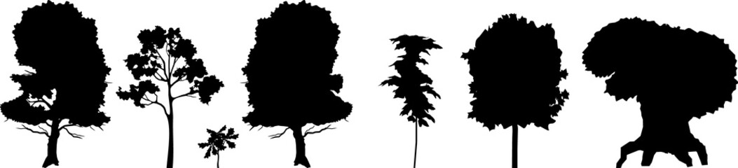 Set of black silhouette of trees isolated on white background
