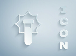 Paper cut Chemical experiment, explosion in the flask icon isolated on grey background. Chemical explosion in a test tube. Paper art style. Vector