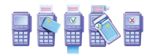 3D payment terminal icon set, vector POS machine bank device kit, credit card, smartphone, PIN pad. Electronic payment concept, cashless NFC success transaction, decline transfer. Payment terminal