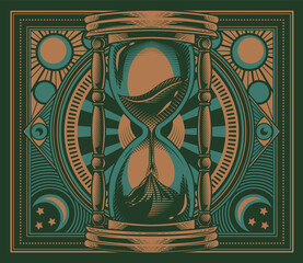 Hourglass poster design with celestial bodies background. Vector illustration of sand watch device in engraving technique.