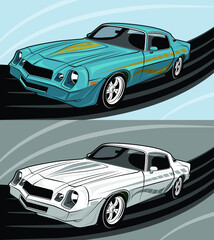 American Muscle Cars Blue and White with Stripes
