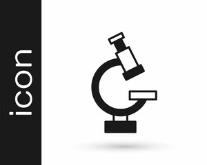 Black Microscope icon isolated on white background. Chemistry, pharmaceutical instrument, microbiology magnifying tool. Vector