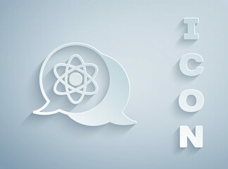 Paper cut Atom icon isolated on grey background. Symbol of science, education, nuclear physics, scientific research. Paper art style. Vector