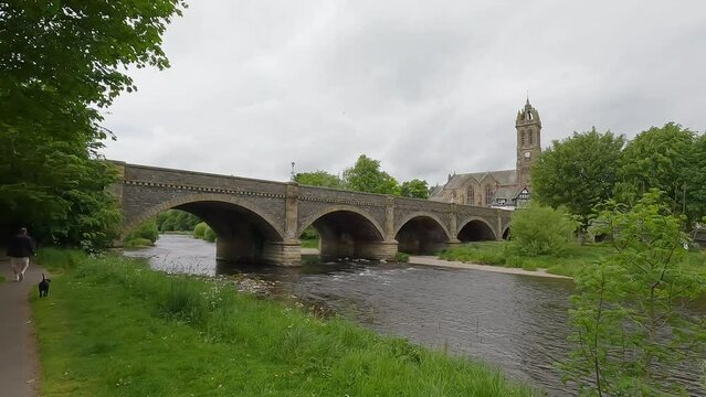 Scotland, Peebles: Tweed Bridge and river view