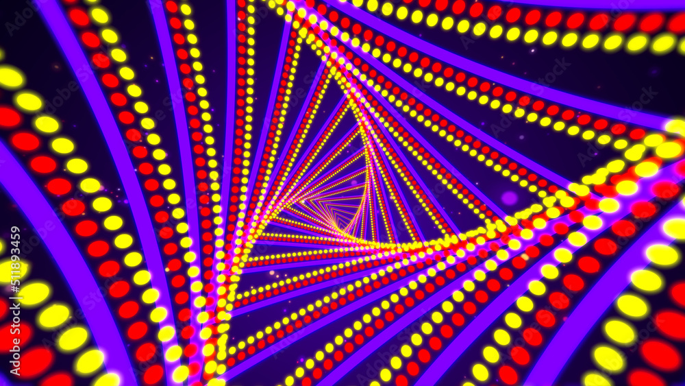 Poster abstract red purple yellow unique triangle shape dots and lines frame border twisted space tunnel wi