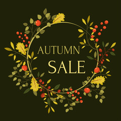 The template of the leaflet of the autumn sale with the inscription. Bright autumn leaves. Poster, postcard, label, banner design. Bright geometric background.
