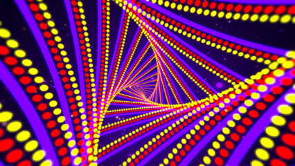 Fototapeta premium Abstract Red Purple Yellow Unique Triangle Shape Dots And Lines Frame Border Twisted Space Tunnel With Glitter Sparkle Dust Background