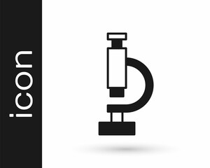 Black Microscope icon isolated on white background. Chemistry, pharmaceutical instrument, microbiology magnifying tool. Vector