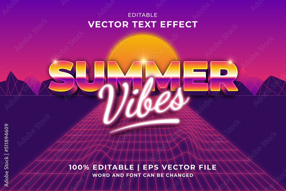 Poster editable text effect summer vibes 3d 80s template style premium vector