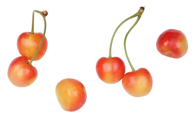 Cherry fruits isolated on white background. Top view.