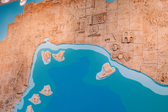 28 May 2022, Antalya, Turkey: old archeology map outlines of modern Turkey and ancient Lycian cities - Perge, Aspendos on the Mediterranean coast