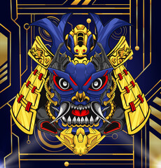 Obraz premium Japanese samurai mascot skull robot head illustration