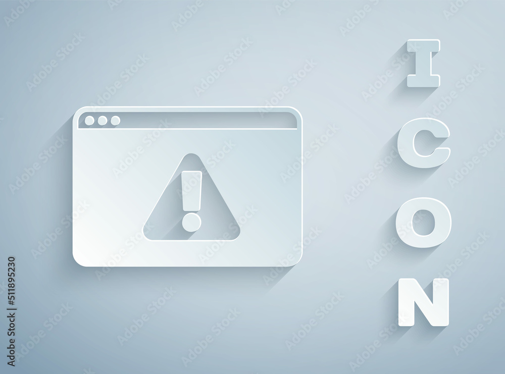 Poster paper cut browser with exclamation mark icon isolated on grey background. alert message smartphone n