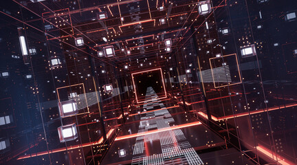 Digital cyberspace, sci-fi concept tunnel, 3d rendering.