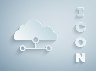 Paper cut Network cloud connection icon isolated on grey background. Social technology. Cloud computing concept. Paper art style. Vector