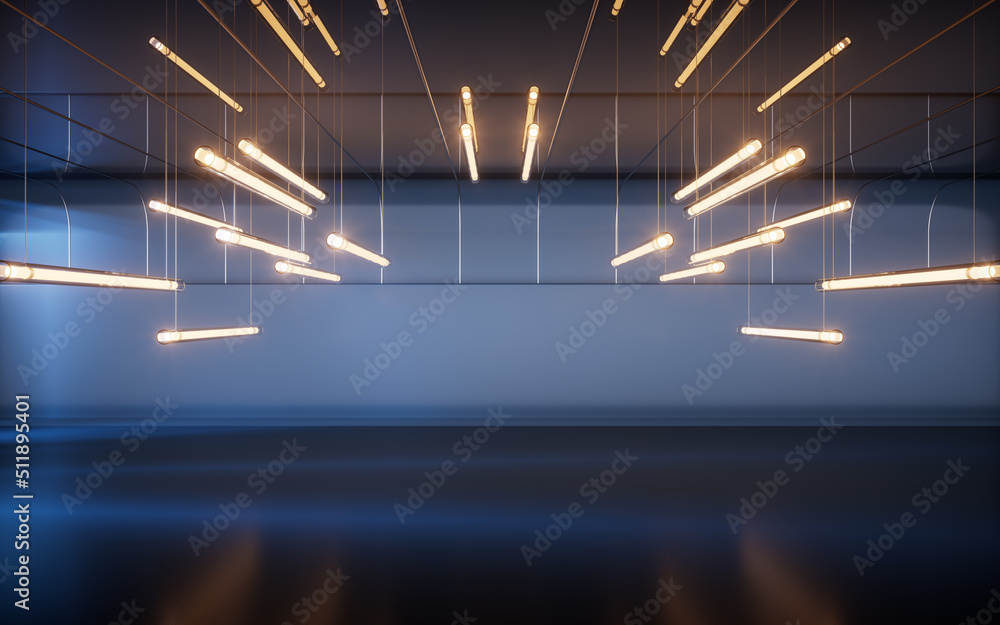 Poster dark room with lamp lighting illumination, 3d rendering.