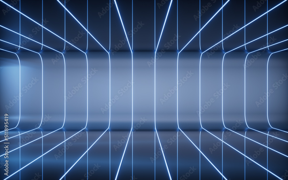 Poster dark room with neon lines effect, 3d rendering.