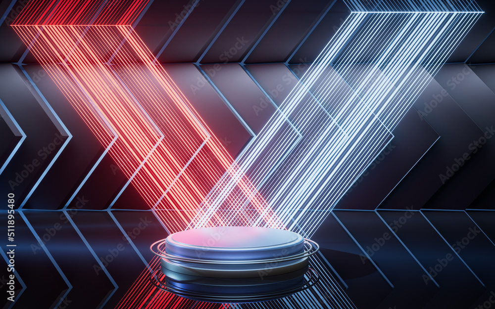 Poster dark room with neon lines effect, 3d rendering.