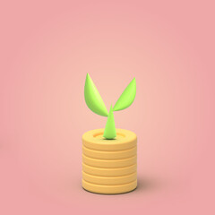Fototapeta na wymiar Money Concept and plants on piles of gold coins. on a rose gold background. 3D render , illustration.