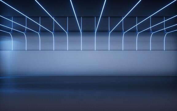 Dark room with neon lines effect, 3d rendering.