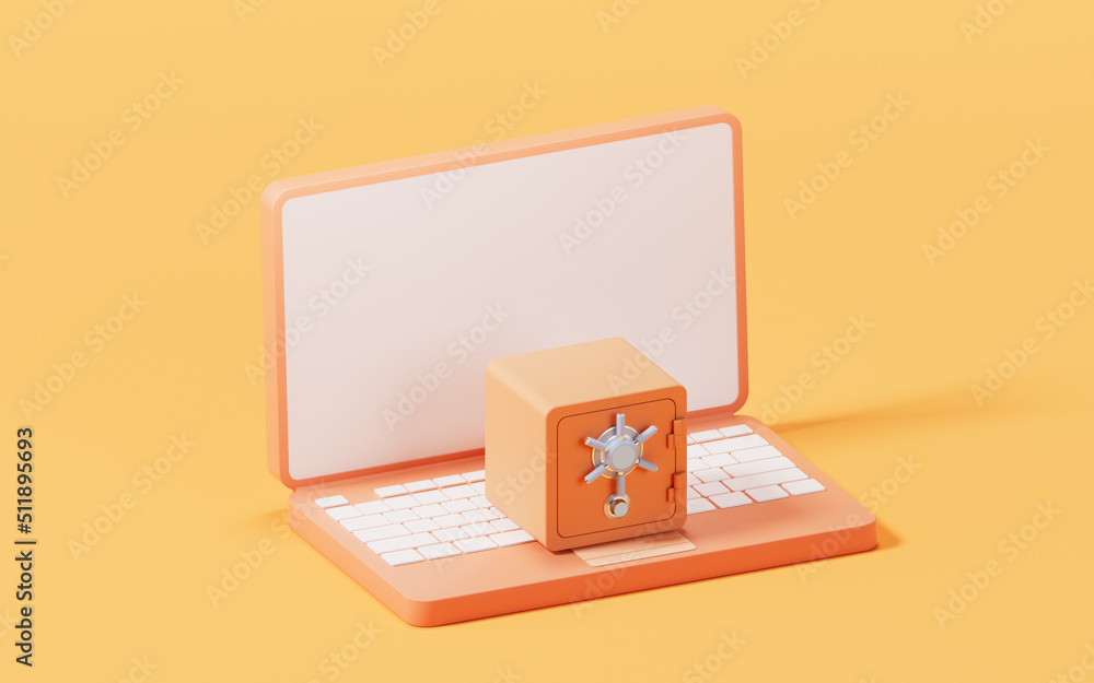 Poster safe box with laptop, 3d rendering.