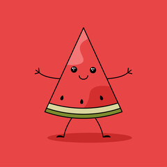 Cute watermelon slice in kawaii style. Funny character. Summer concept. Vector illustration.