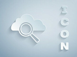 Paper cut Search cloud computing icon isolated on grey background. Magnifying glass and cloud. Paper art style. Vector