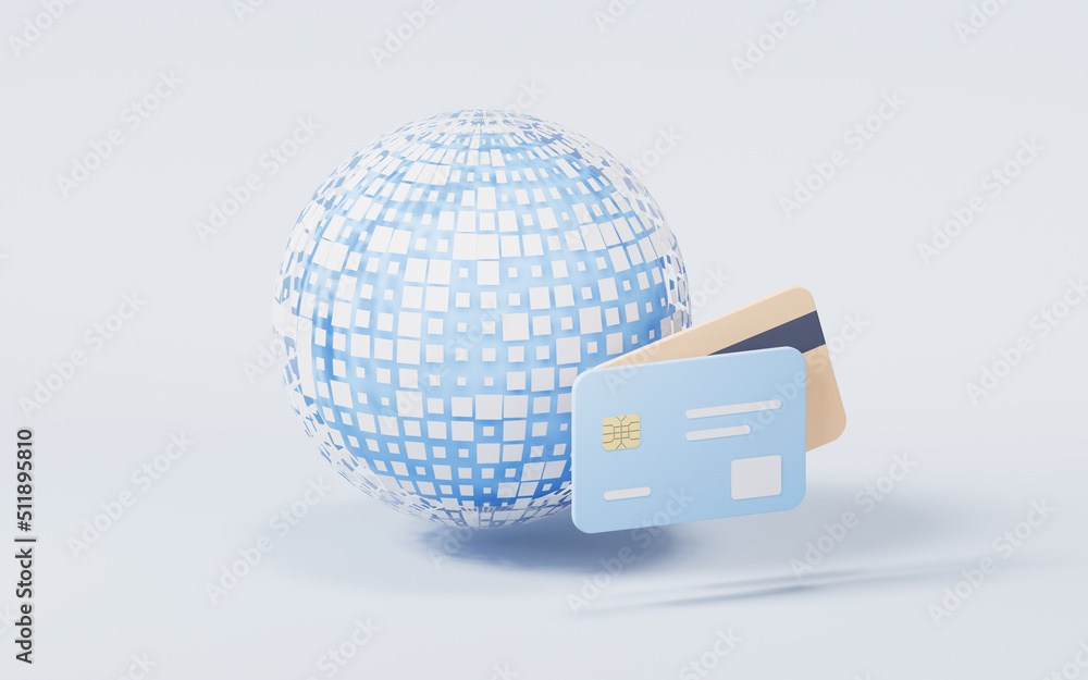 Poster digital data sphere with bank card, 3d rendering.