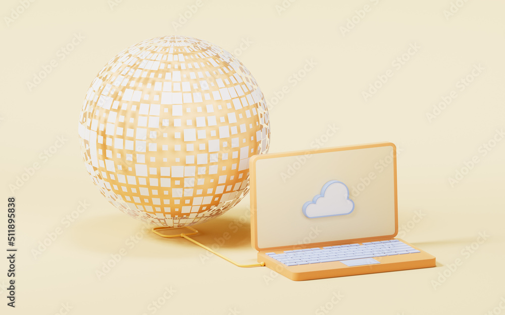 Sticker Digital data sphere with laptop, 3d rendering.