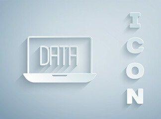 Paper cut Data analysis icon isolated on grey background. Business data analysis process, statistics. Charts and diagrams. Paper art style. Vector