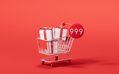 Shopping cart with number count, 3d rendering.
