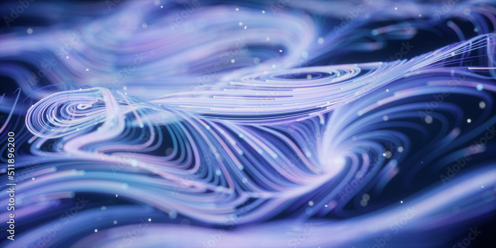 Poster wave particles lines with swirling pattern, 3d rendering.