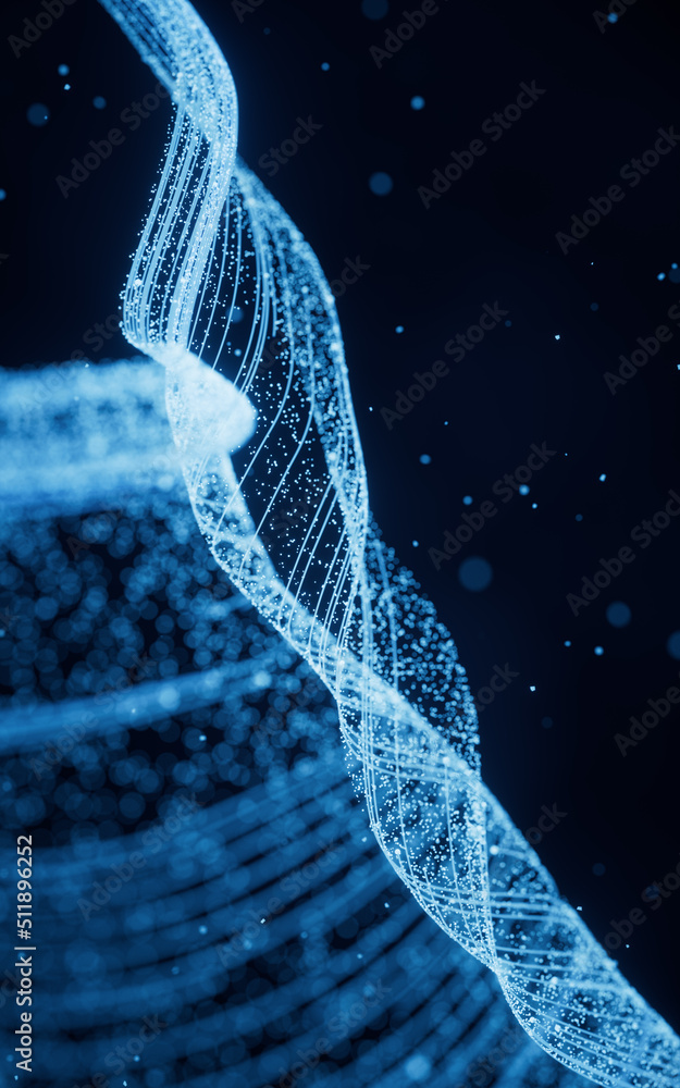 Poster flowing particles with glowing lines, 3d rendering.