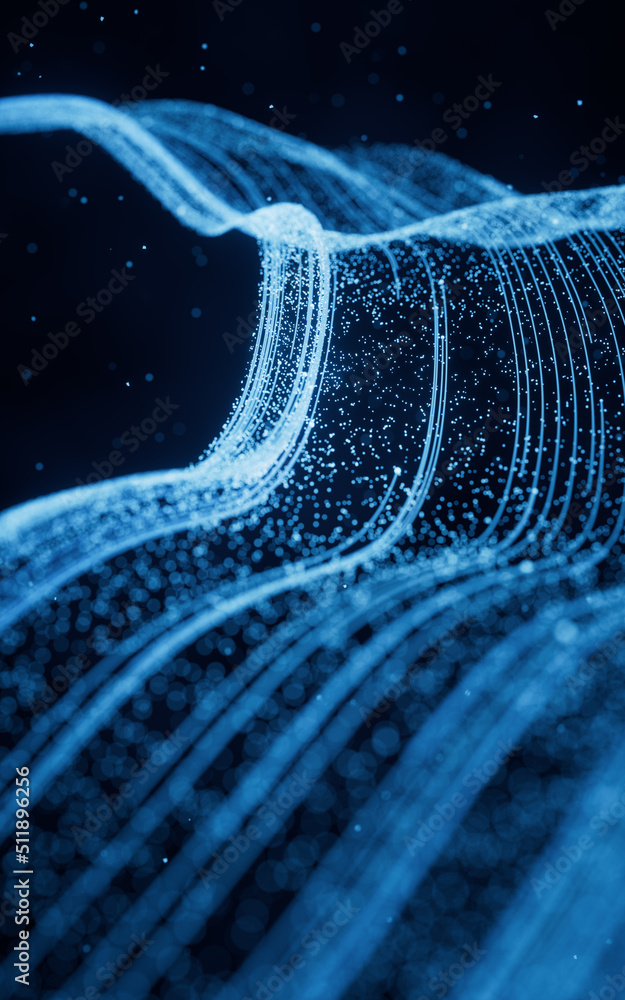 Poster flowing particles with glowing lines, 3d rendering.