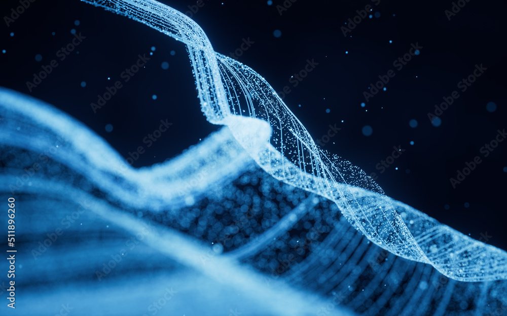 Poster flowing particles with glowing lines, 3d rendering.