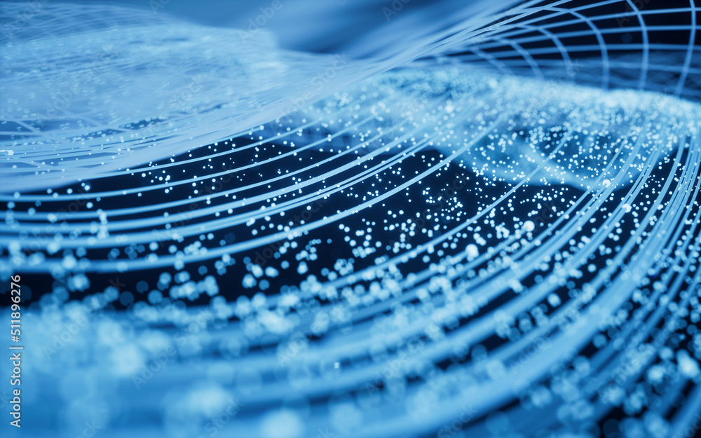Poster flowing particles with glowing lines, 3d rendering.
