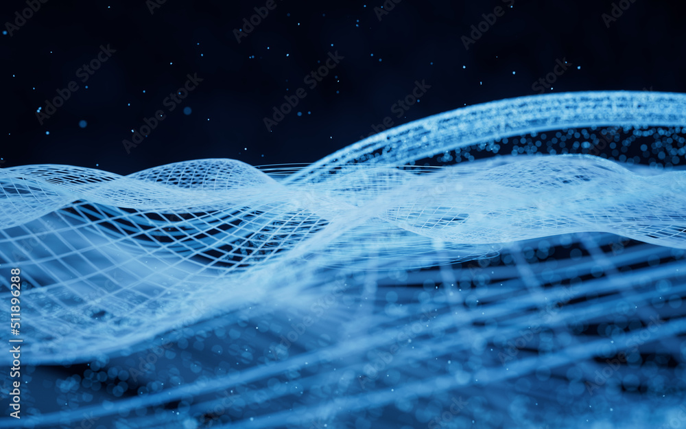 Poster flowing particles with glowing lines, 3d rendering.
