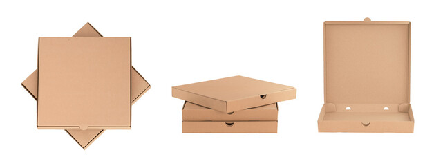 Collection of various pizza box food cardboard delivery package on white background. 