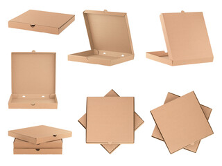 Cardboard pizza box photo set. Craft paper food packing template, different viewing angles, opened, closed, single objects, stacks, side and top view.