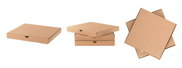 Several empty closed cardboard packages for pizza in different position isolated on white background