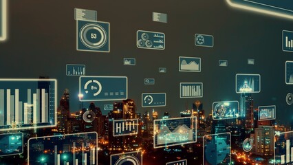 Business data analytic interface fly over smart city showing alteration future of business intelligence. Computer software and artificial intelligence are used to analyze big data for strategic plan .