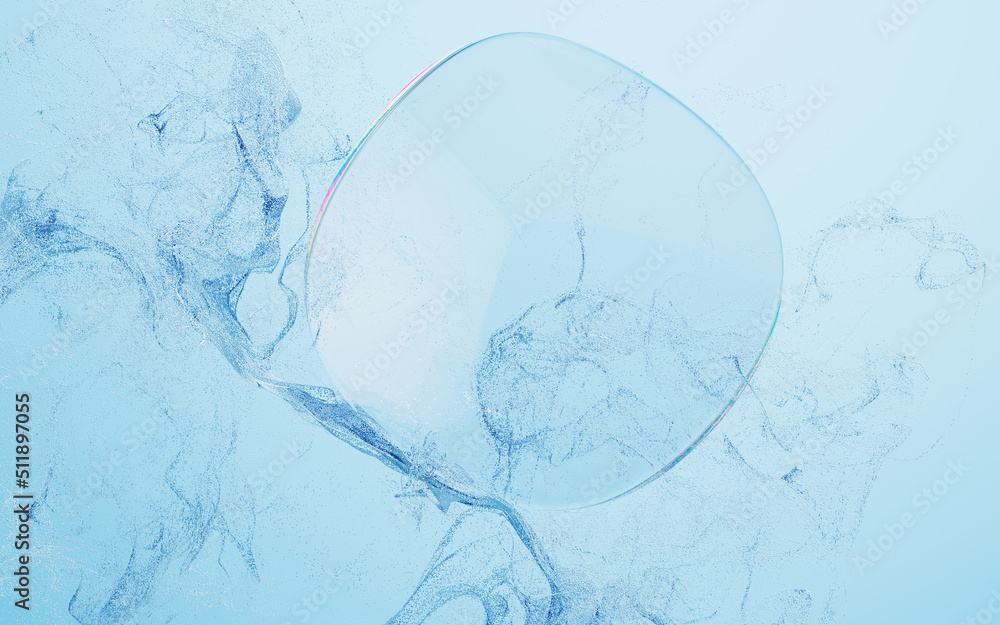 Poster transparent curve glass with wave particles, 3d rendering.
