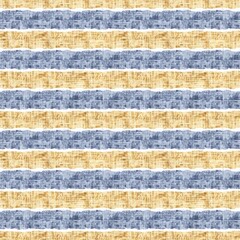Seamless French country kitchen stripe fabric pattern print. Blue yellow white horizontal striped background. Batik dye provence style rustic woven cottagecore textile. 