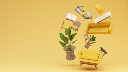 interior design concept Sale of home decorations and furniture During promotions and discounts, it is surrounded by beds, sofas, armchairs and advertising spaces banner. pastel background. 3d render