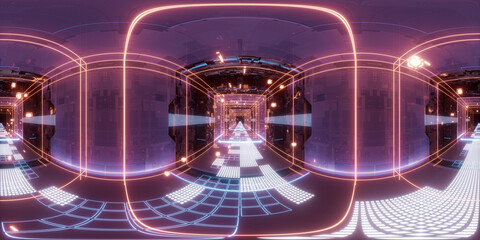 Digital cyberspace, sci-fi concept tunnel, 3d rendering. 360-degree seamless panoramic view.