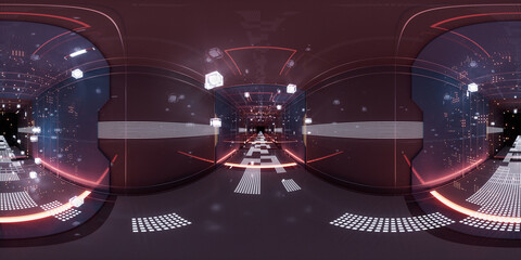 Fototapeta na wymiar Digital cyberspace, sci-fi concept tunnel, 3d rendering. 360-degree seamless panoramic view.