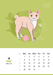Vertical calendar for may 2023 with manx cat. Isolated on light green background. Vector flat illustration. Week starts on Sunday