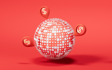 Digital data sphere with money mark, 3d rendering.